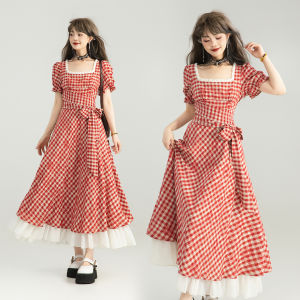 Keiko | French Style Blue and White Checkers Squared Collar Spliced A-line Dress