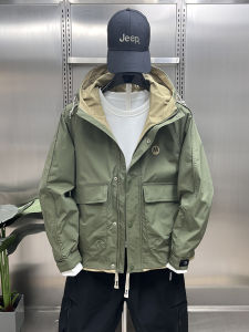 Mens Casual Fashionable Windproof Slim Fit Jacket Spring Autumn Long Sleeve Zipper Closure Hooded Composite Fiber Outerwear