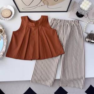 Summer New Girls Fashion Sleeveless O-Neck Vest Top + Stripes Pants 2 Pcs Set 3-7 Years Kids Casual Cute Outfits