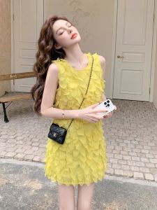 Unique Beautiful Yellow Sleeveless French Style Dress
