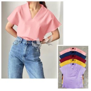 ●ECLAIRE● 05B Blouse Scuba Vneck Lengan Pendek Shortsleeves Polos Basic Kasual Korea Santai Kerja Casual Kimy