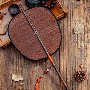 Foldable Long Handle Fan Ancient Style Sash Fan Hanfu Group Fan Curly Tassel Waist Hanging Fan Bamboo Material round Shape