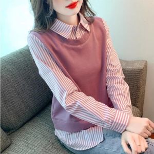 เสื้อเชิ้ตสเวตเตอร์คอปกแขนยาวหลวมๆ ลายทาง 2025 ฤดูใบไม้ร่วงใหม่ ชุดสองชิ้นปลอม สำหรับผู้หญิง เสื้อผ้าทำงาน ผ้าฝ้ายผสม