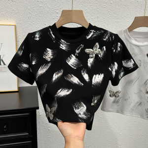 Elegant White Short Sleeve T-Shirt Womens Summer Design Heavy Embroidery Butterfly Knot Unique Special Belly Button Exposure Short Top