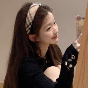 British Style Plaid Headband Fall and Winter Korean Style High Skull Top Face Slimming Hairclip Accessories Womens Wide-Edged Headband Headdress