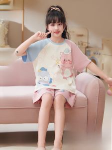 Miiow | Cat Girl Childrens Sleepwear Set Thin Home Clothes For Girls Summer Cotton Short Sleeve Round Neck Home Comfortable Breathable
