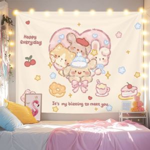 VIKAMA Love Small Animal Tapestry Pink Rabbit Cat Dog Dessert Cartoon Background Cloth Warm Tapestry Room Decoration