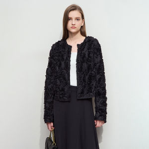 Elegant Romantic 3D Rose Flower round Neck Short Box Shape Jacket Womens Hook Button Amii2025 Autumn New Style Commute Wind