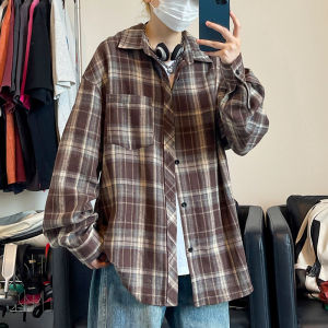Retro Plaid Long Sleeve Shirt Mens Loose Fit Inner Wear Couples Outerwear Korean Style Casual Fashion Autumn New Arrivals