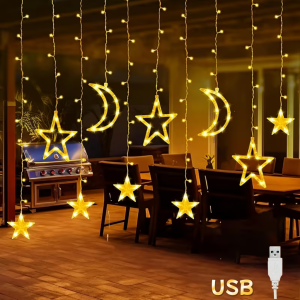 USB-Powered Star Moon String Light Holiday Decoration Warm/Colorful LED Curtain Fairy Lamp for Ramadan Birthday Party Room Decor