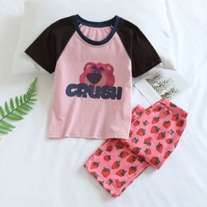 Cotton Pajamas Childrens Summer Knitted Pure Cotton Thin Bear And Strawberry Short Sleeve Long Pants Girls Cotton Sleepwear Home Clothes Parent-Child Outfit