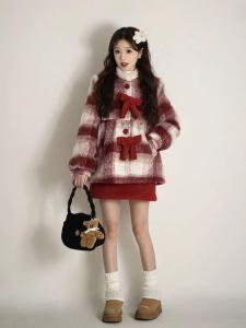 Red Plaid Woolen Coat And Skirt Set for Women Christmas New Year Fashion Ensemble Half-length A-line Skirt Included