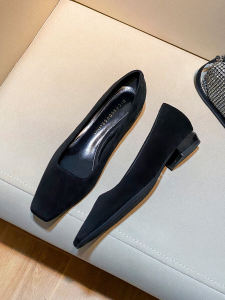 Black Velvet Chunky Heel Single Shoes Womens 2025 New Square Head Versatile Comfortable Soft Bottom Commuting Professional Work Flat Shoes