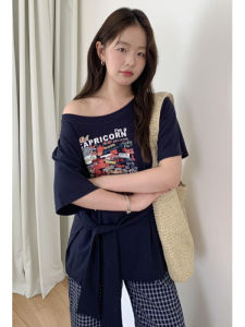 YUEZHONGWEI | American Style Irregular Shoulder Short Sleeve T-Shirt Women Summer New Waist Cinch Tie Shoulder Top Creative Text Pattern