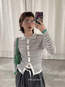 LadyLuxe - Cardigan Stripe Lengan Panjang Kancing Depan Baju Atasan Rajut Garis Wanita SL040