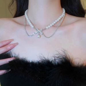 สร้อยคอมุกปมผีเสื้อ Kancai ผู้หญิง เครื่องประดับแฟชั่นเครื่องประดับ เรียบหรู น้ำหนักเบา อัญมณีเทียมฝังโลหะผสมความรู้สึกหรูหรา