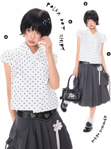 MKGO | Polka Dot Korean Style Womens Shirt Short Sleeve