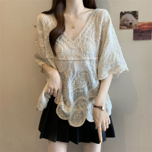 YINGXIYUE | Lace Crochet V-Neck Short Sleeve Slimming Shirt