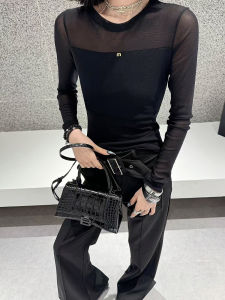 เสื้อยืดคอตตอนแขนยาวสีดำสไตล์ยุโรปสำหรับผู้หญิง เสื้อชั้นในทรงเข้ารูป ทรงสลิมฟิต แขนยาว ปกติ ระบายอากาศได้ดี