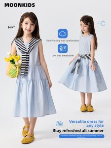 Moonkids | Beach Style Lightweight Blue Sleeveless Dress for Girls