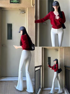 High Waist Extended Length Micro Flare Denim Jeans Womens Elastic Slimming Spring Design Horse Hoof Pants Pure Color Zipper