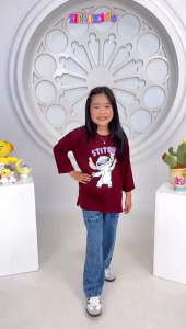 One set STITCH celana jeans gombrong skena anak perempuan ZIELAKIDS usia 7 tahun sampai 14 tahun terbaru / Baju setelan kasual ZIEAKIDS anak perempuan remaja terbaru