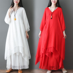 Linen Cotton Set Summer 2025 Womens Wide Leg Pants Tea Costume Maxi Dress Zen Dance Wear Two Piece Set Fashionable Casual