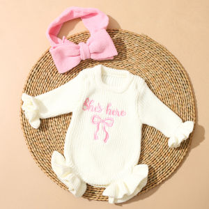 2Pcs Set Knitted Newborn Photography Outfits with Bow Headband Bow Embroidery Baby Girl Ruffle Romper Infant Knitting Sweater