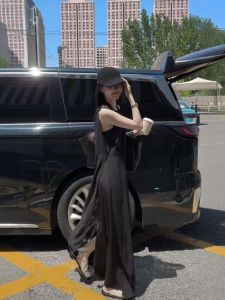 VKSOD | French Fashion Elegant Black Sleeveless Vest Dress Women Summer New Casual Loose Long Skirt High Waist A-Line Gown Zipper Back