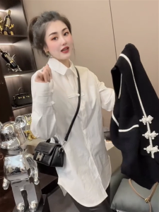 Retro Button up White Casual Long Sleeve Womens Polo Shirt Autumn 2025 New Style Chinese Style Loose Fit Solid Color