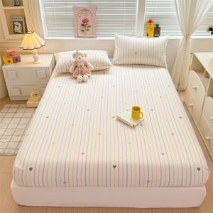 Pure Cotton Minimalist Fittedsheet Brushed Fabric Grid Stripes Home Style Bedsheet with Garterized Mattress Protector