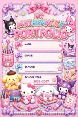 A5 SIZE Portfolio Sticker COVER Pink - 2026-2027 - Name Grade School School Year - Cute Characters Stationery - School Use