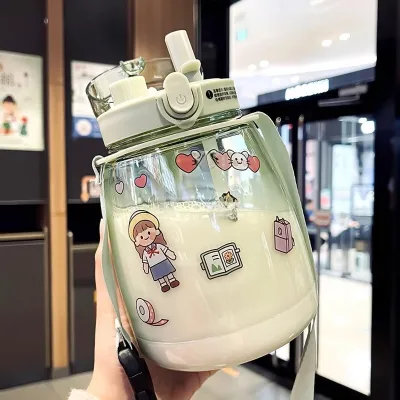 Kawaii Hello Kitty Childrens Plastic Straw Cup with Handle And Lid for School Kids Anti-Fall Water Bottle Kindergarten Special Cup