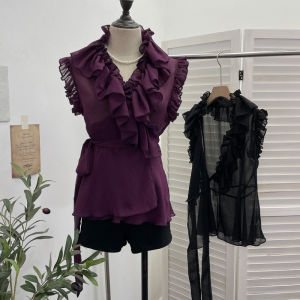 Thin One-Piece Wraparound Sleeveless Cheongsam with Lace Trim Transparent Chiffon Top Womens Spring Summer Open Cardigan