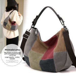 New New Patchwork Contrast Color Large Capacity Literary Shoulder Bag Messenger Bag Travel Bag Large Bag Canvas Bag Womens Bag