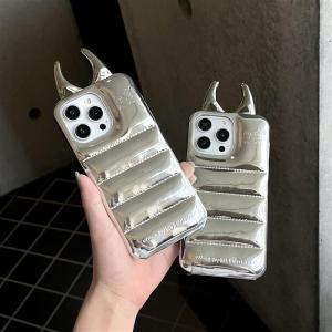 INS Fashion Cow Horns Glossy Down Jacket Phone Case For iphone 17 16 15 14 13 12 Pro Max Cover Luxury PU Leather Shockproof Case