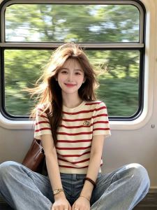 V.C.I | 撞色 条纹 Ice-silk Knit T-shirt Sweet
