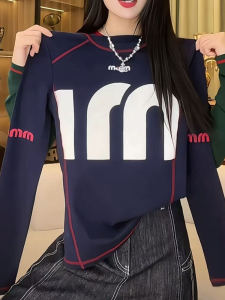 Womens Long Sleeve round Neck T-Shirt Fashionable Print Base Shirt Versatile Autumn New Style Cool Color Design Top