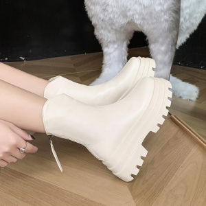 รองเท้าบูทมาร์ตินสีขาว ทรงหนา สำหรับผู้หญิง ฤดูใบไม้ผลิและฤดูใบไม้ร่วง รองเท้าบูทสั้นเชลซีย์แบบมีซิปด้านหลัง ทรงหัวมน รองเท้าบูทแบบมีพื้นกันลื่น