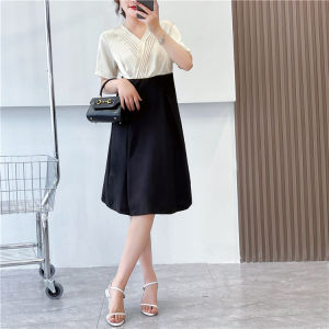 Elegant V-neck Color Block Midi Dress Summer New Fashion Classy Atmosphere Split Mid-length Womens Skirt Baobaoen Brand