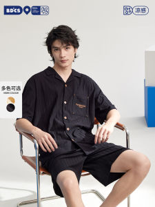 ชุดนอนชายผ้าฝ้ายบางลายทางสีดำ แขนสั้น ระบายอากาศได้ดี ชุดนอนฤดูร้อน ชุดอยู่บ้าน ชุดนอนชาย ผ้าฝ้ายผสมโพลีเอสเตอร์