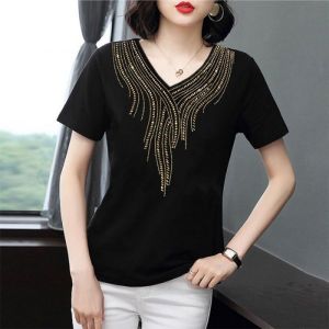 Herstore V-neck Fashion Blouse for Women Mothers Top Womens Black Western-style Thread Ice Silk Short Sleeved T-shirt Middle-aged and Old