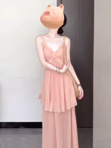French Elegant Sweet Soft Chiffon Strapless Dress Women Summer High Waist A-Line Skirt V-Neckline Sleeveless Beach Vacation Style