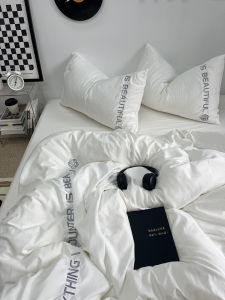 Simple Hotel Style Embroidered White Bedding Set Soft Washed Cotton Bed Sheet Bed Skirt Dormitory Three Piece Set Hotel