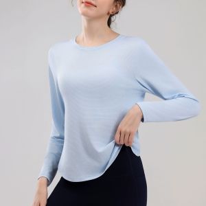 Loose Long Sleeve round Neck Yoga Top Breathable Quick Dry Nylon Fabric Womens Simple Style Pilates Fitness Gym Sportswear