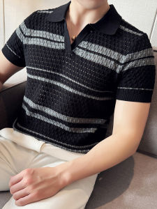 Áo Thun Polo Dệt Kim Lụa Băng Mỏng Thoáng Khí Mùa Hè Tay Ngắn Cổ Polo Kẻ Sọc Thời Trang Thường Ngày Thương Hiệu Không Có Thương Hiệu