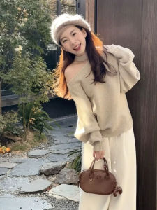 YUEZHONGWEI | Irregular Off-Shoulder Hanging Neck Knit Sweater Lazy Style
