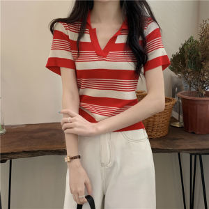 Áo Thun Polo Dệt Kim Tay Ngắn Mùa Hè Mỏng 2022 Mới Về Sọc Phổ Biến Ngắn Sinh Viên Áo Trên Thời Trang INS Hợp Thời Trang