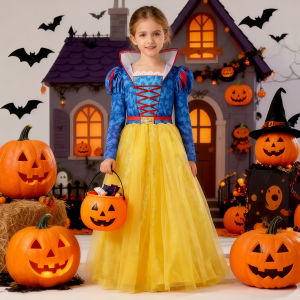 Girls Fairy Cosplay Costume Deluxe Snow White Puff Sleeve Princess Gown For Kids Carnival Halloween Birthday Party Role-Play