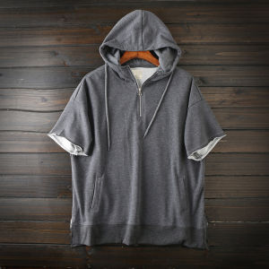 Áo Thun Nam Tay Ngắn Mùa Hè Có Mũ Trùm Đầu Áo Nỉ Cotton Khóa Kéo Dáng Rộng Thời Trang Thường Ngày Thoáng Khí Cỡ Lớn